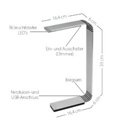 Semplix LED-Tischlampe (36 LEDs/ Silber/ Biegsames Gelenk/ Dimmbar)